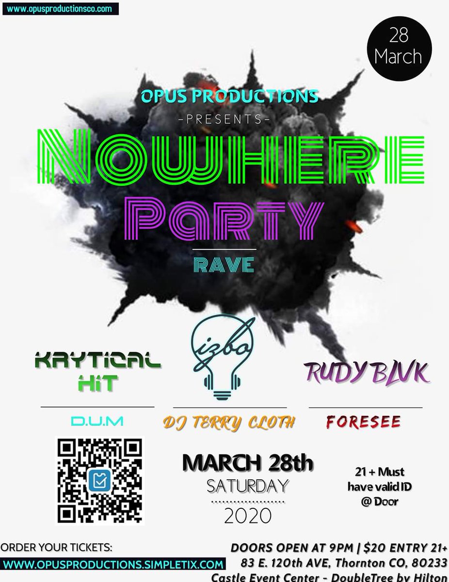 Unify Mountain Soundz (@unifymtnsoundz) on Twitter photo Join us at The Castle Event Center in Thorton, CO for NOWHERE PARTY on Saturday, 3/28th! 🏰 Featuring the sounds of <a href="/DKryticalhit/">DJ_KryticalHit</a>, izbo, RUDY BLVK, D.U.M., DJ Terry Cloth, & FORSEE!
Hosted by Opus Productions, with lights from Liquid Laser Prod.
21+
facebook.com/events/s/nowhe… Join us at The Castle Event Center in Thorton, CO for NOWHERE PARTY on Saturday, 3/28th! 🏰 Featuring the sounds of <a href="/DKryticalhit/">DJ_KryticalHit</a>, izbo, RUDY BLVK, D.U.M., DJ Terry Cloth, & FORSEE!
Hosted by Opus Productions, with lights from Liquid Laser Prod.
21+
facebook.com/events/s/nowhe…