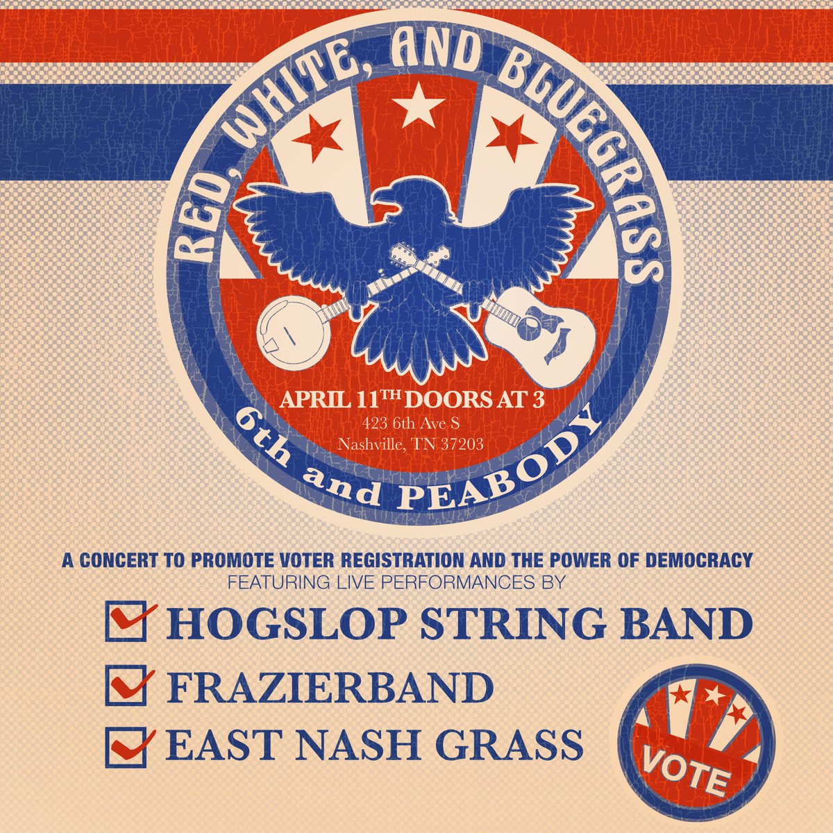 NASHVILLE: We are hosting <a href="/hogslopband/">Hogslop String Band</a>, <a href="/frazierband1/">FrazierBand</a>, &amp; The East Nash Grass for 'Red, White, &amp; Bluegrass' at <a href="/6thandp/">6th and Peabody</a> starting at 3 pm! This is a non-partisan voter registration event to celebrate the power of democracy and live music! #HangarTime #USA  facebook.com/events/8816597…