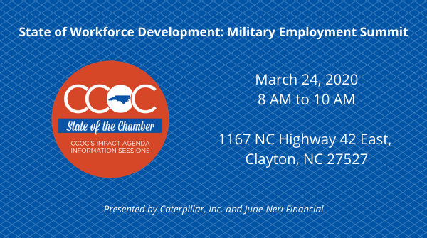 CCOC_ClaytonNC's tweet photo. CCOC EVENT: Learn how to leverage the community, social media, and company culture to attract military talent at the Clayton Chamber's "State of Workforce Development" Military Employment Summit, March 24, 2020, 8-10 a.m. Register here: https://t.co/Jg3mkd9oA2. #NC4ME #HireNCVets https://t.co/zygICtdGmR