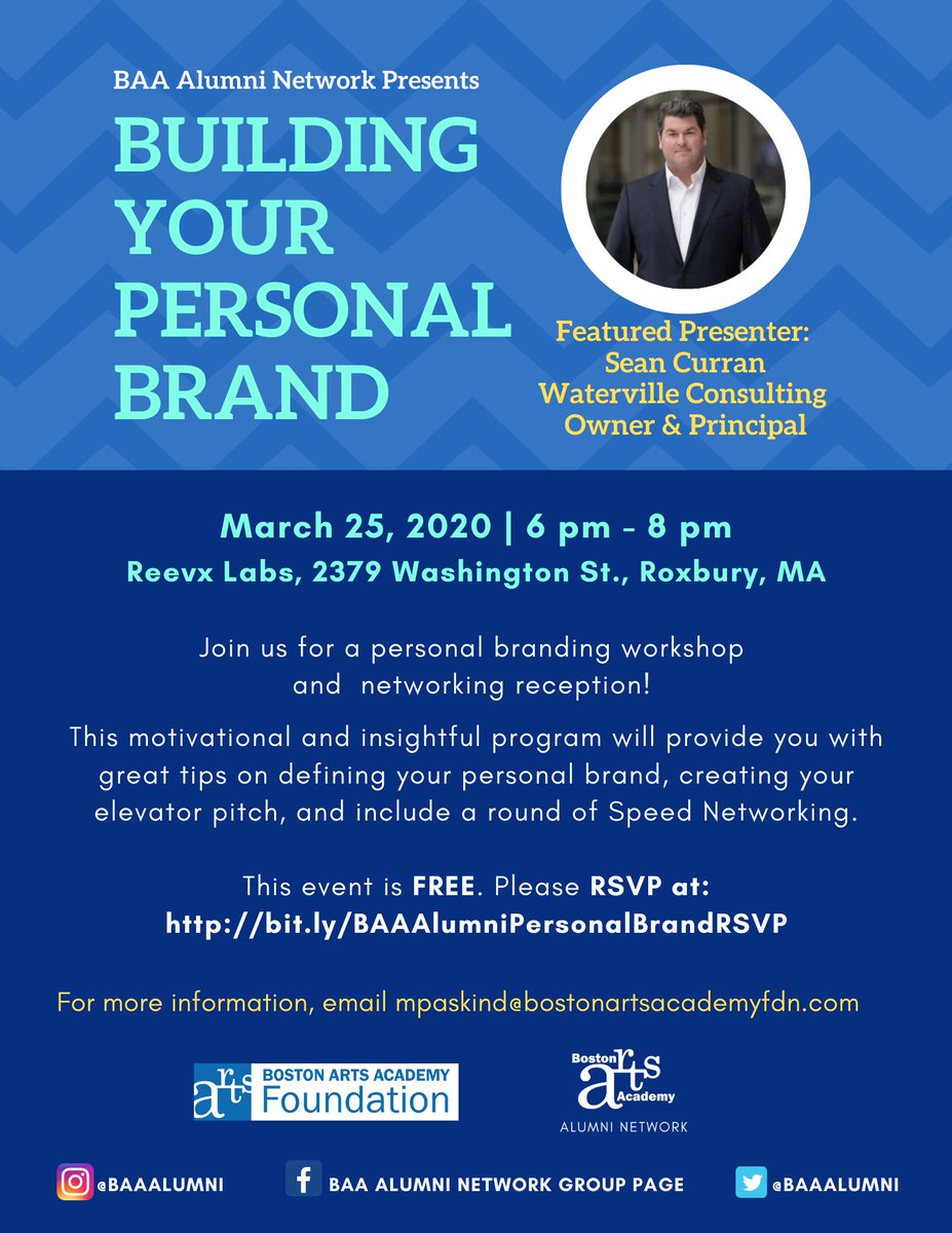 Join the BAA Alumni Network for a Personal Branding Workshop and Networking Reception on March 25th at Reevx Labs!

This event is FREE. Don't miss out! RSVP at: bit.ly/BAAAlumniPerso… 

#personalbrand  #baaalumni #baapride #baagiveback #reevxlabs