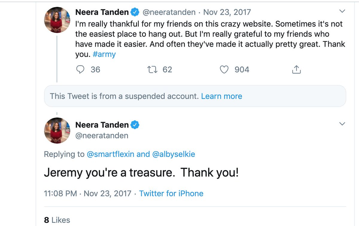 Neera considers Smartflexin, or Jeremy, a treasure & friend and is grateful for his praise. (We don't know what he said, bc he's no longer on twitter, but it looks like it was nice, judging from her response). Interesting thatTanden, actually calls her group an  #army (19/?)