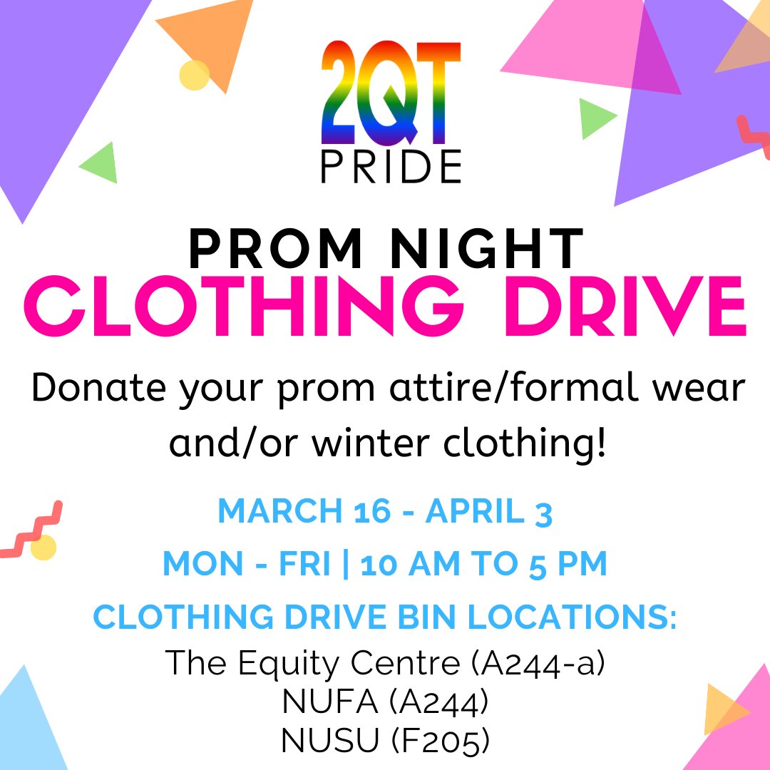 2QTPride's tweet photo. Do you have any formal wear or winter clothing you no longer use? Donate it to our Clothing Drive for the Safer Space Prom Night! (more info coming soon on the Prom Night)

For more information about our Clothing Drive, please visit the 2QT Pride Facebook or Instagram page https://t.co/KdpDXKf2ml