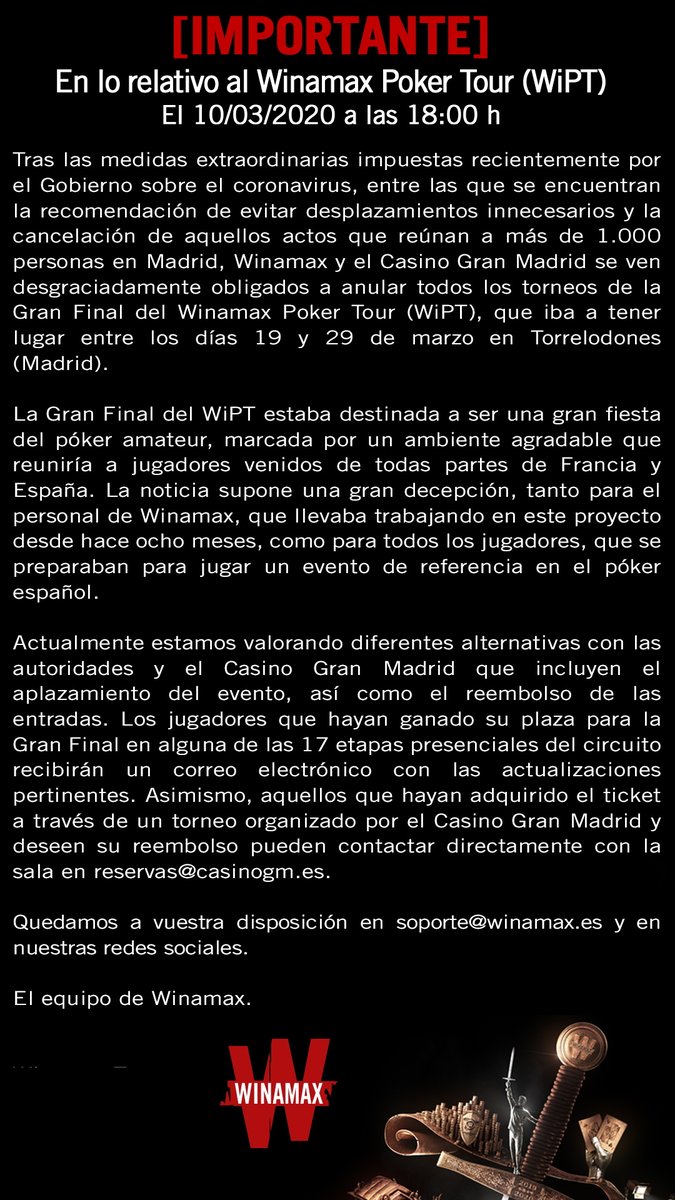 Winamax_Espana's tweet photo. 🚨 [IMPORTANTE] Sobre el Winamax Poker Tour #WiPT⬇️ https://t.co/FDZLalHbTM