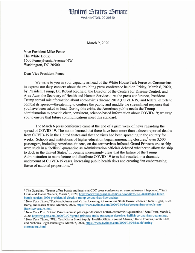 SenWarren's tweet photo. President Trump’s inaccurate, politicized, &amp; rambling Friday press conference on coronavirus was a disservice to our public health officials &amp; our nation. @SenMarkey &amp; I raised our concerns with @VP Pence &amp; asked him to clarify the President’s comments. https://t.co/kQNNakg0Wu https://t.co/zAalFp0UrN