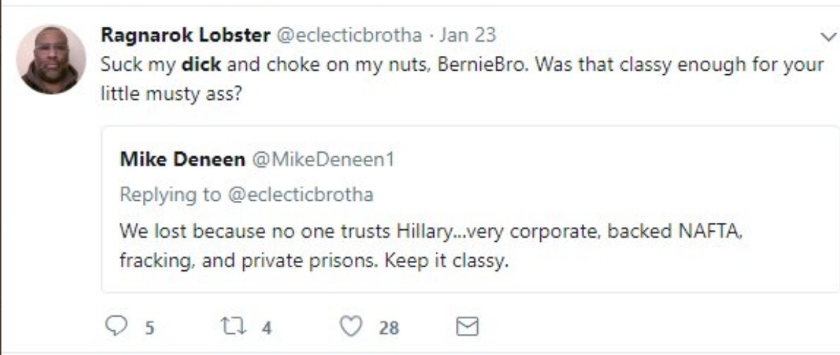 Here's EclecticBrotha, another "friend" of Neera Tanden who, like Jeremy and Mr Weeks really likes telling people to suck on his own or Sanders' d. He also encourages people to get f*cked by other people's d*cks. h/t  @erinwalsh10 for some of these. (21/?)