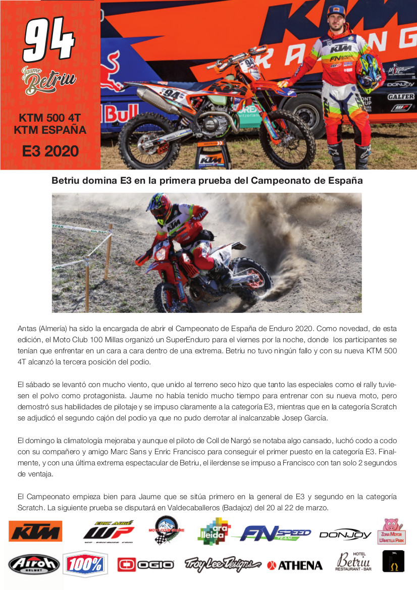 Antas, Campionat Nacional d'Enduro 2020 - Jaume Betriu (KTM)
Nota de premsa de la Jornada celebrada a Antas (Almeria) del Campionat d'Espanya d'Enduro 2020.
collnargo.ddl.net/secciodinamica…