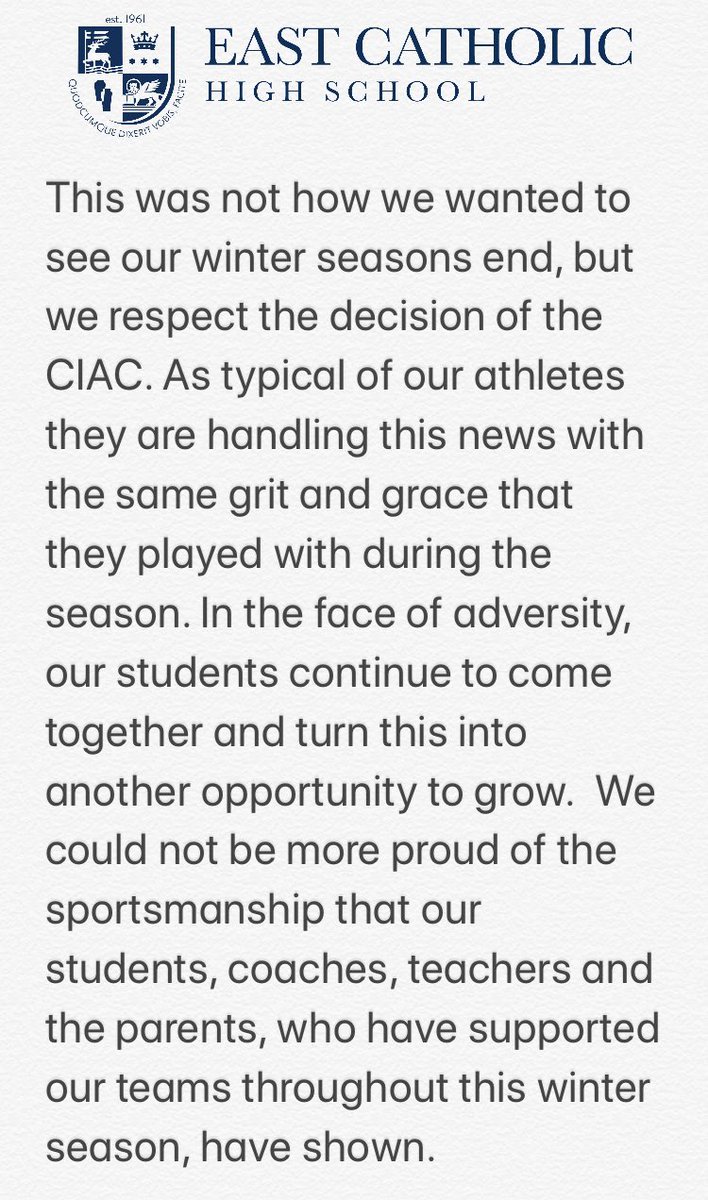 Statement regarding today's <a href="/ciacsports/">CIAC Sports</a> decision on canceling winter tournaments: