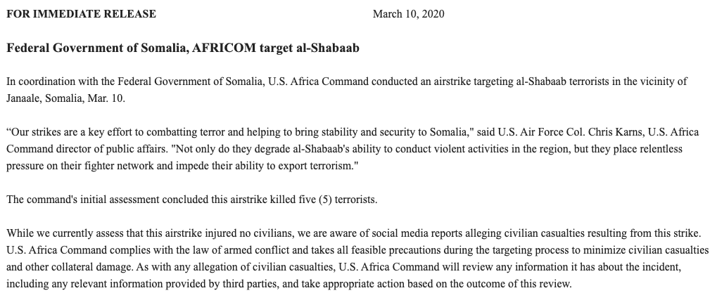 Meanwhile in Somalia5 more E?KIAAfricom says aware of reports of civilian casualties and will investigate but currently assesses none