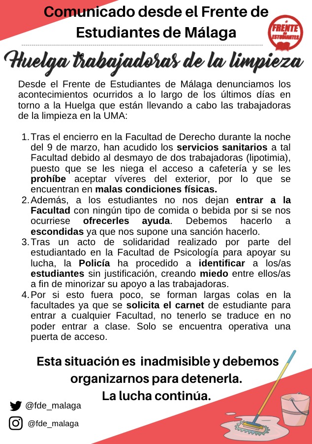 FdE_Malaga's tweet photo. 🔴🔴 Nuestro comunicado ante las nuevas medidas que la UMA ha tomado contra las limpiadoras en huelga ❌ https://t.co/r9yu35tSZi