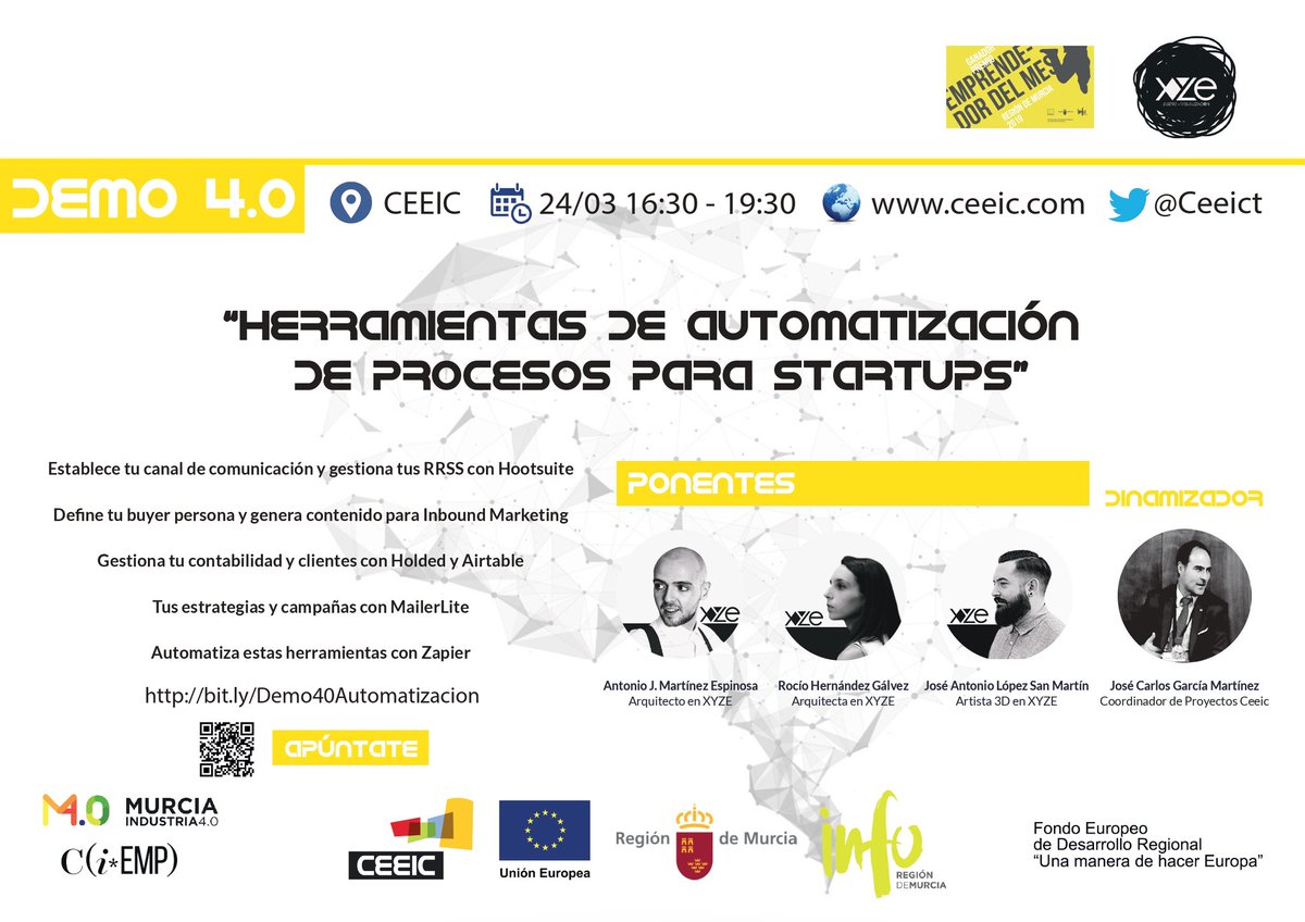 DEMO 4.0: “Herramientas de Automatización de Procesos para Startups” 🚀

No te pierdas la Demo 4.0 organizada por <a href="/infoRMurcia/">Instituto de Fomento</a> @Ceeict de las herramientas que utilizan las #Startups para automatizar sus procesos y conseguir más ventas

Apúntate Gratis🖱️ 
bit.ly/Demo40Automati…