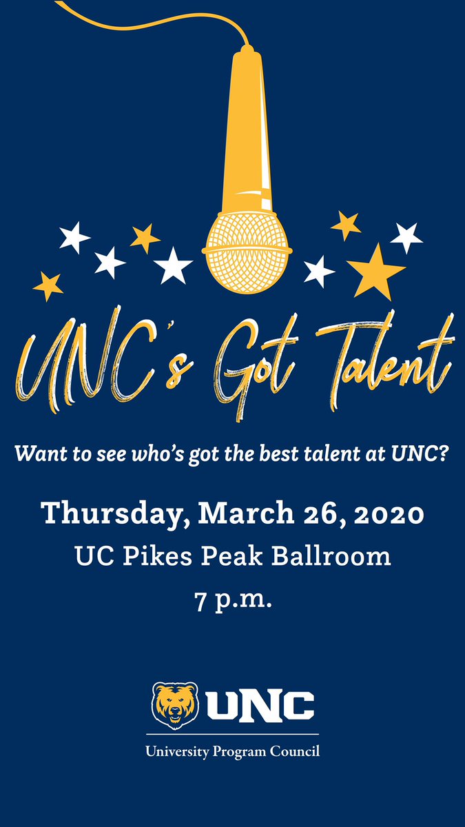 UNCOUPC's tweet image. It’s audition week! 
Are you as excited as we are to see who will make it to the final stage for UNC’s Got Talent? 👀
Then come join us on March 26,2020 at 7:00pm in the University Center Pikes Peak Ballroom to see these performers battle it out!