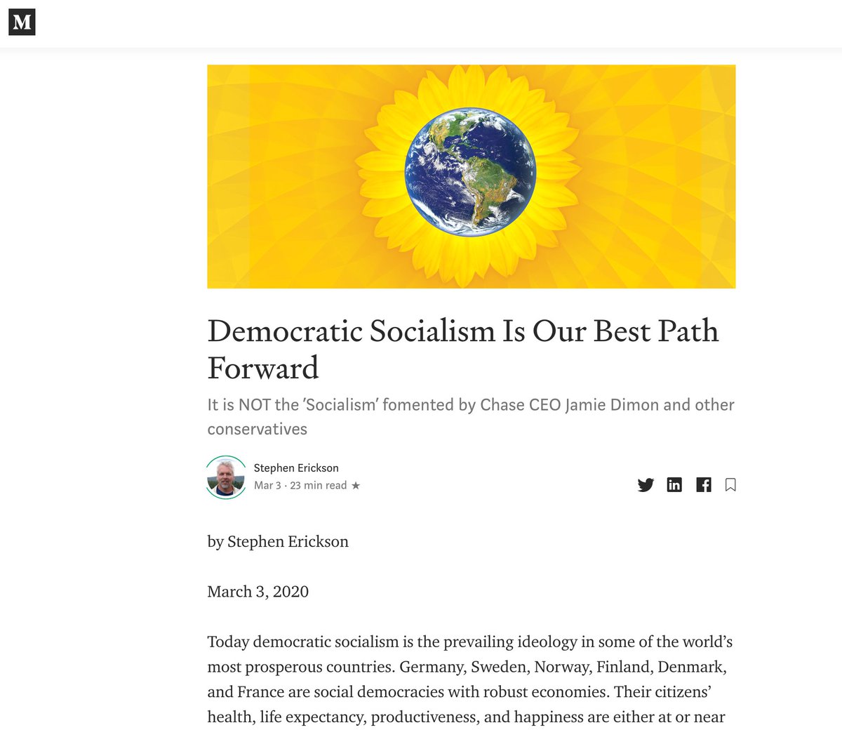 FarmAnimalCE's tweet photo. My new essay just published. "Democratic Socialism Is Our Best Path Forward - It is NOT the 'Socialism' fomented by Chase CEO Jamie Dimon and other conservatives." https://t.co/2tUpGpKb50 #DemocraticSocialism #democracy #ClimateChange #DemocraticPrimary @thegreathealing https://t.co/GMvOjqE2Me