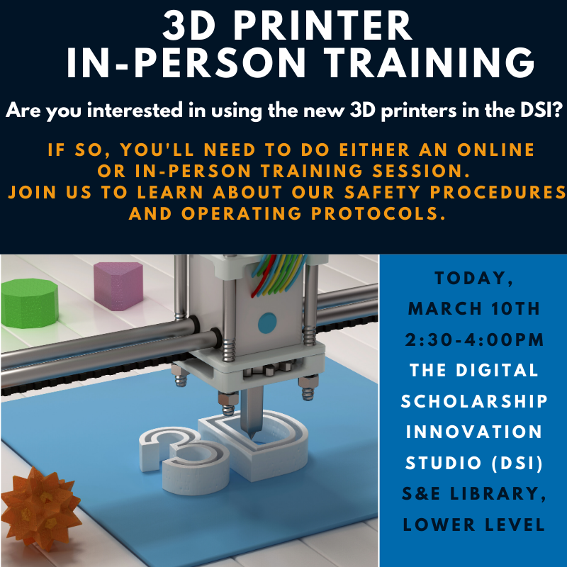 UCSCLibrary's tweet photo. Interested in turning your designs into actual 3-dimensional objects? Come to our in-person training TODAY and become qualified to use our new 3-D printers! 2:30-4pm in the DSI studio on the lower level of the S&E library! #UCSC #3DPrinter #UCSCLibraries https://t.co/UCDsY2OlN8