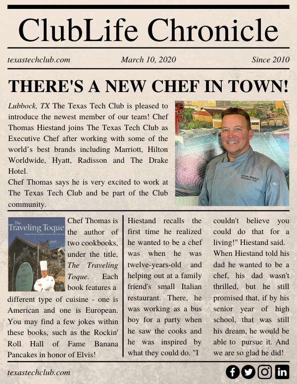 Texas_Tech_Club's tweet photo. Extra, extra, read all about it! 📰 The Texas Tech Club has some breaking news we can't wait to share with you!

Looking forward to meeting Chef Tom in person? Stop by our Open House on Monday and get to know him better! 

Register here: https://t.co/xadu1qUP9c https://t.co/OENK9a1pEX