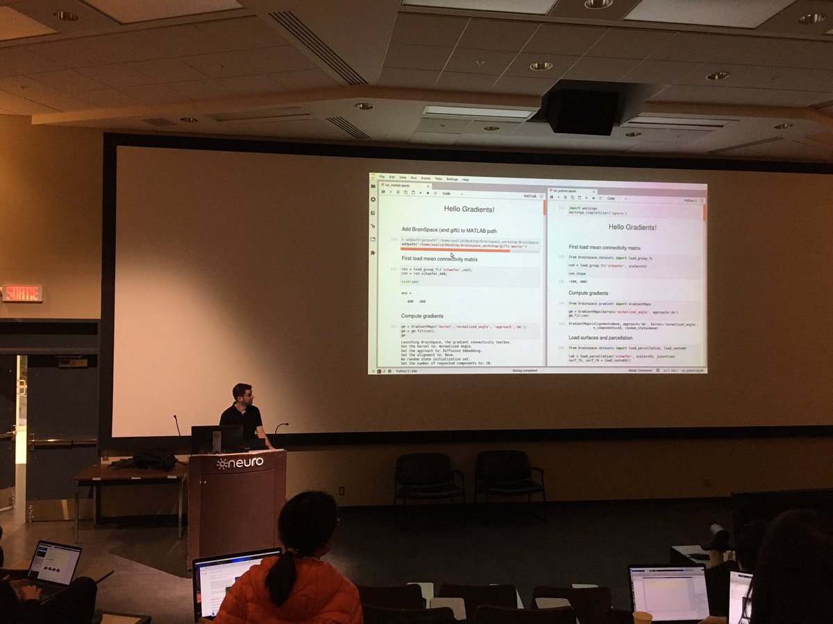 Gradients workshop happening now at <a href="/TheNeuro_MNI/">The Neuro</a> with the amazing people of the MICA lab (<a href="/oualid_benkarim/">Oualid Benkarim</a>, @BorisBernhardt, @CaseyPaquola, @J_Royer_  and @reindervosdwael) giving an introduction to their great BrainSpace toolbox (brainspace.readthedocs.io/en/latest/)!