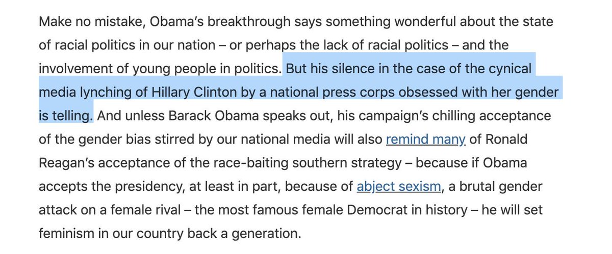 when it comes to using "lynching" analogies. In fact, in 2008, he chose a strange headline for a blog post he wrote criticizing Obama for not doing enough against the "media& #39;s lynching" of Hillary Clinton. (29/?)