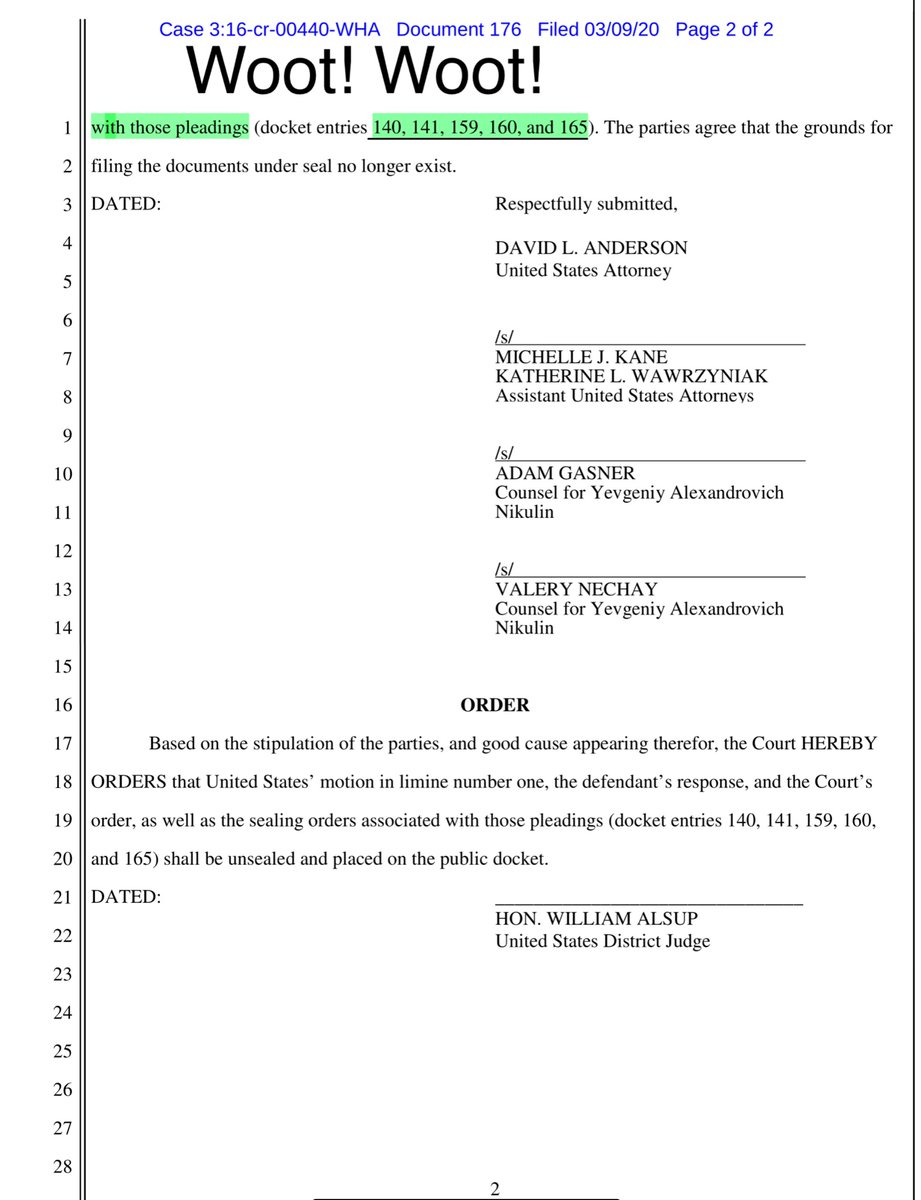 Sorry two additional updates Yesterday (March 9th - on the eve of Nikulin’s trial) the parties filed this stipulation Thus documents 140, 141, 159, 160, and 165 should be UNSEALED momentary since the Judge just issued an order (Paywall) https://ecf.cand.uscourts.gov/doc1/035019043448?caseid=304407