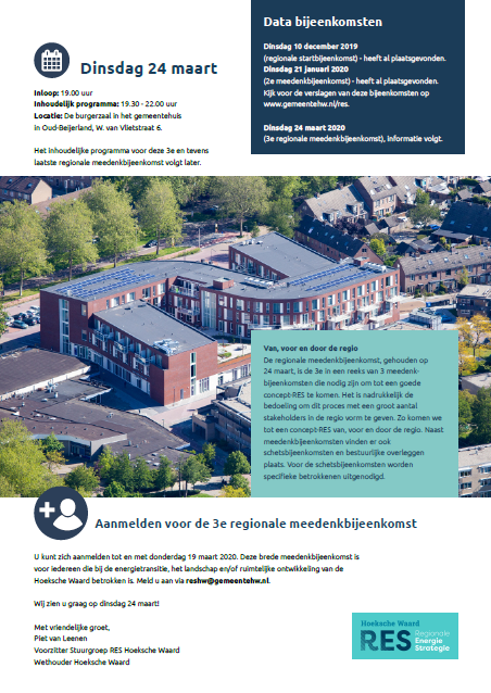 Denk jij graag mee over de Regionale Energiestrategie (RES) Hoeksche Waard? Kom dan op dinsdagavond 24 maart naar de 3e en tevens laatste meedenkbijeenkomst 👉 Aanmelden kan tot 19 maart door een mail te sturen naar reshw@gemeentehw.nl. Meer informatie op: bit.ly/338cFW3