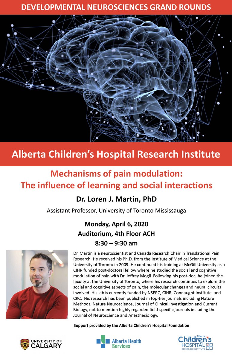 I am very excited to host my good friend and pain scientist colleague @_ljmartin for @UofCr4kids Developmental Neurosciences Grand Rounds at Alberta Children's on April 6. Loren is doing fascinating translational research on pain memory and empathy. If you're in Calgary, JOIN US!