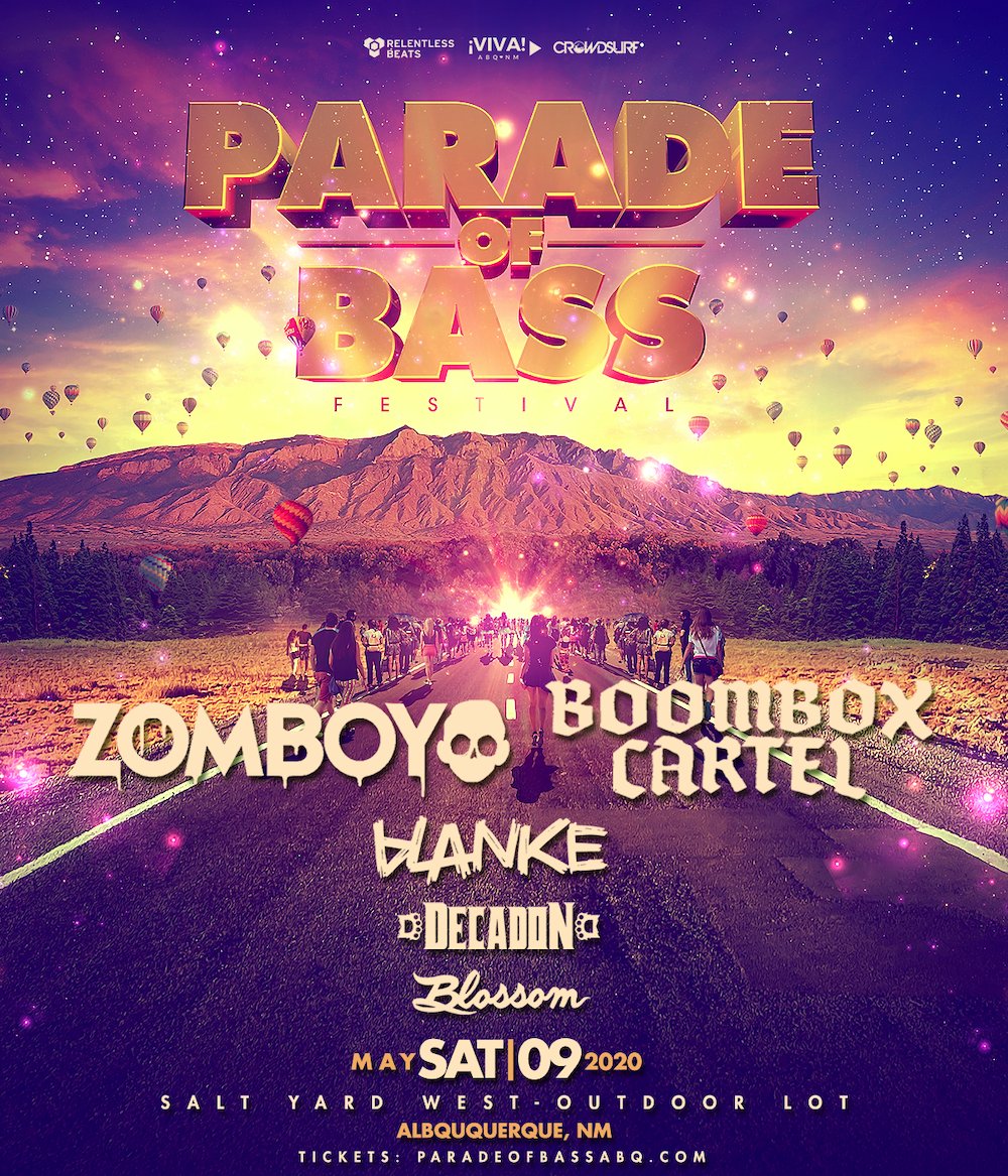 RelentlessBeats's tweet photo. #ShowAnnounce - We are so excited for the return of @ParadeofBass in Albuquerque with @Zomboy @BoomboxCartel @blankemusic @decadon &amp; @blossomdj_ at Salt Yard West!

Presale begins Thursday at 10AM MT. Use code BASS >> https://t.co/EiIxB4XGOc https://t.co/RqeK3DWBGd