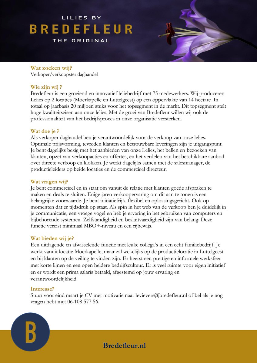 VACATURE: VERKOPER DAGHANDEL BREDEFLEUR

Wij zoeken een topverkoper voor onze toplelies!

Nieuwsgierig naar wie wij zijn? Bekijk onze bedrijfsvideo!
youtube.com/watch?v=te7h3C…