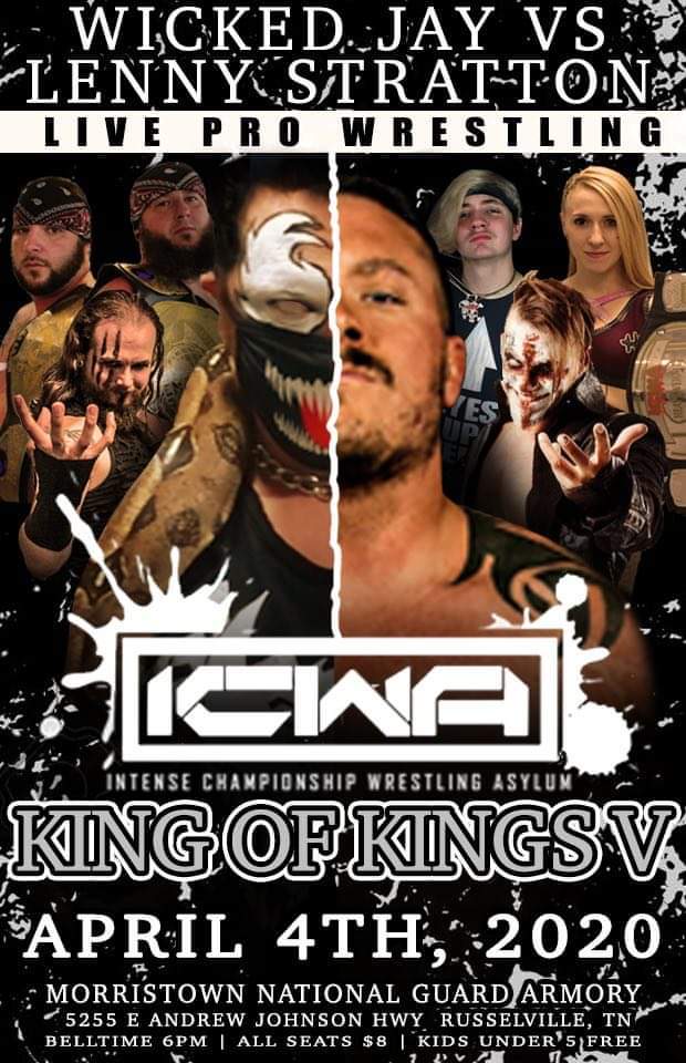 ICWATN's tweet photo. ICWA returns to the Morristown Tennessee National Guard Armory April 4th for the biggest show of the year, King Of Kings 5! 

Bell time is 6pm! https://t.co/z6uP6eU73Y