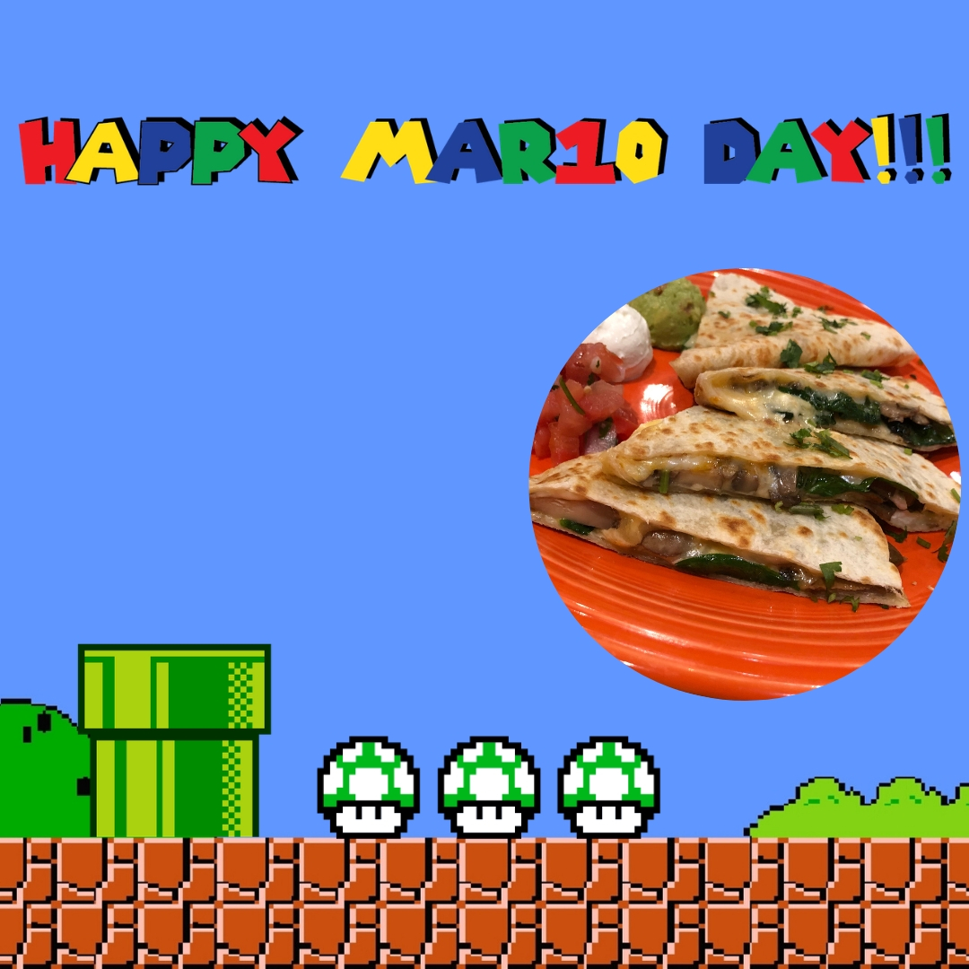 1-UP your Tuesday with our Mushroom and Spinach Quesadilla while celebrating Mario Day! 

Don't want to leave the house? Order through our friends over at @doordashCLT, and we can bring the food to you.