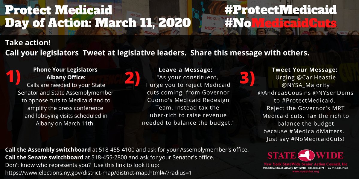 NY_StateWide's tweet photo. NY Governor @NYGovCuomo is proposing major cuts to Medicaid that will negatively impact seniors, persons living with disabilities, local property tax payers and safety net hospitals!

Your voice is needed. TOMORROW join us for a Day of Action to #ProtectMedicaid! #NoMedicaidCuts https://t.co/jJzE1OzlaN