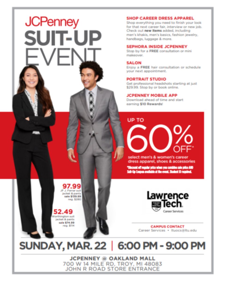 LTUOCS's tweet photo. Don't forget to #SuitUp with JCPenney on Sunday, March 22 from 6-9PM in the Oakland Mall in Troy, MI. Stop by for discounts on professional attire for interviews and your career! https://t.co/kmTGQ5i76j