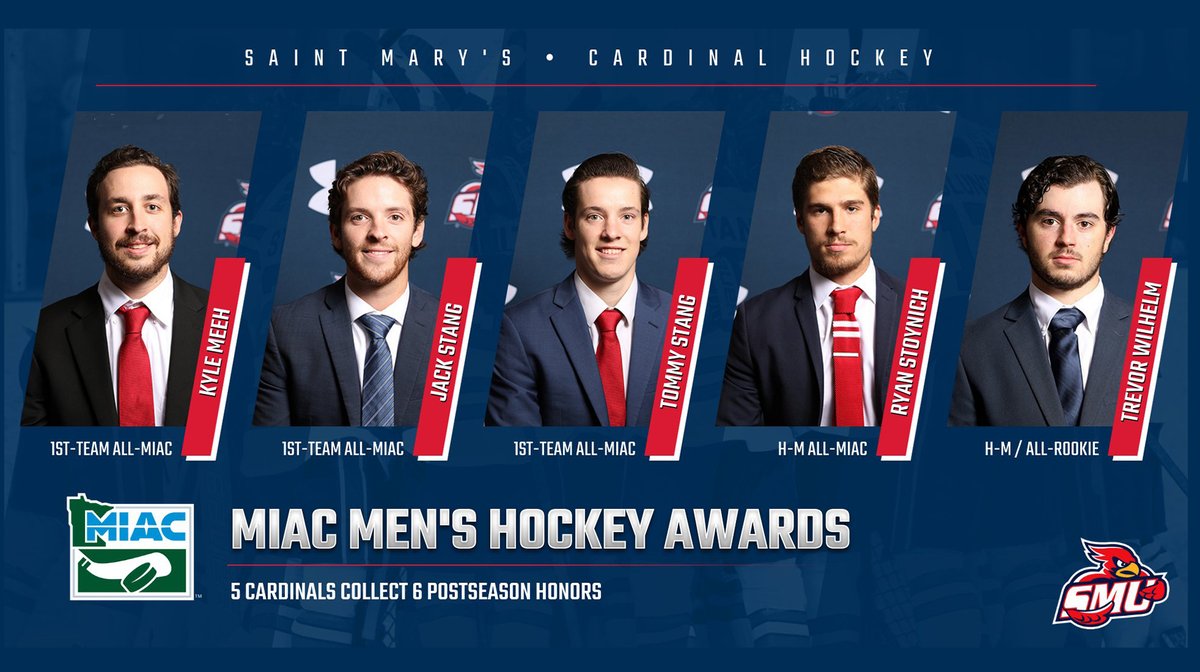 MHKY - Congrats to <a href="/SMUMHockey/">Saint Mary’s Men's Hockey</a>'s Kyle Meeh, Jack Stang, Tommy Stang, Ryan Stoynich &amp; Trevor Wilhelm on their postseason honors! Meeh &amp; Jack and Tommy Stang are First-Team All-MIAC; Stoynich &amp; Wilhelm are HM All-MIAC; &amp; Wilhem is also on All-Rookie Team!!