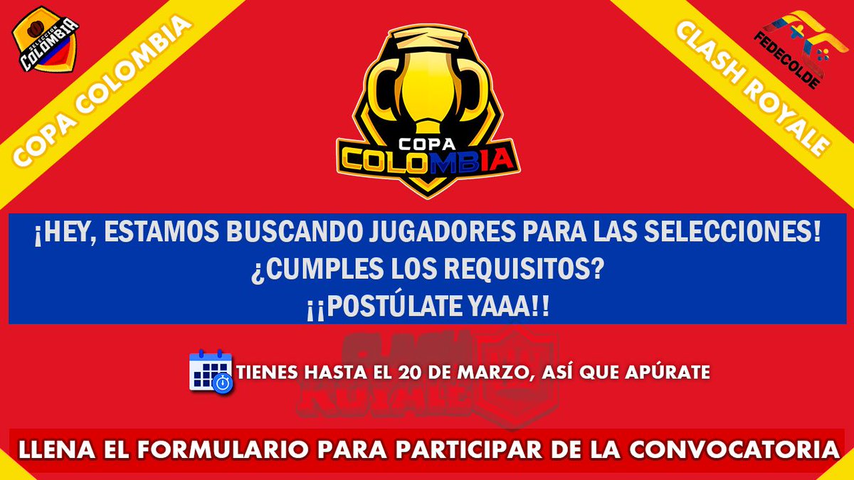 ¡¡Por fin!! 🎊🤠🎉

Aspirantes a representar su selección como jugadores, aquí está el formulario. 🇨🇴📄
Recuerden que que deben llenar todos los campos con información real. 🤨

 Cerramos inscripciones el día 20 de marzo a las 11:59 PM. ⏳

buff.ly/2vULCmK