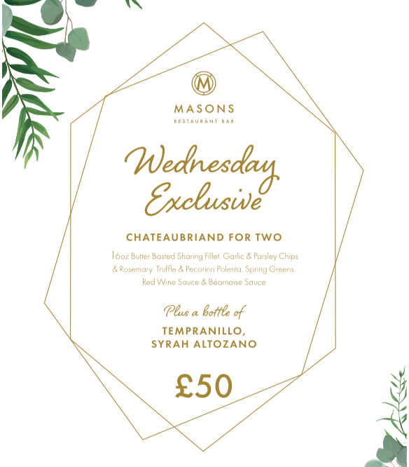 MasonsMcr's tweet photo. Join us this Wednesday to enjoy our exclusive Chateaubriand for Two! 😍
.
Enjoy for £50 with a complimentary bottle of Tempranillo, Syrah Altozano. ✨ https://t.co/SWXRq72DFv