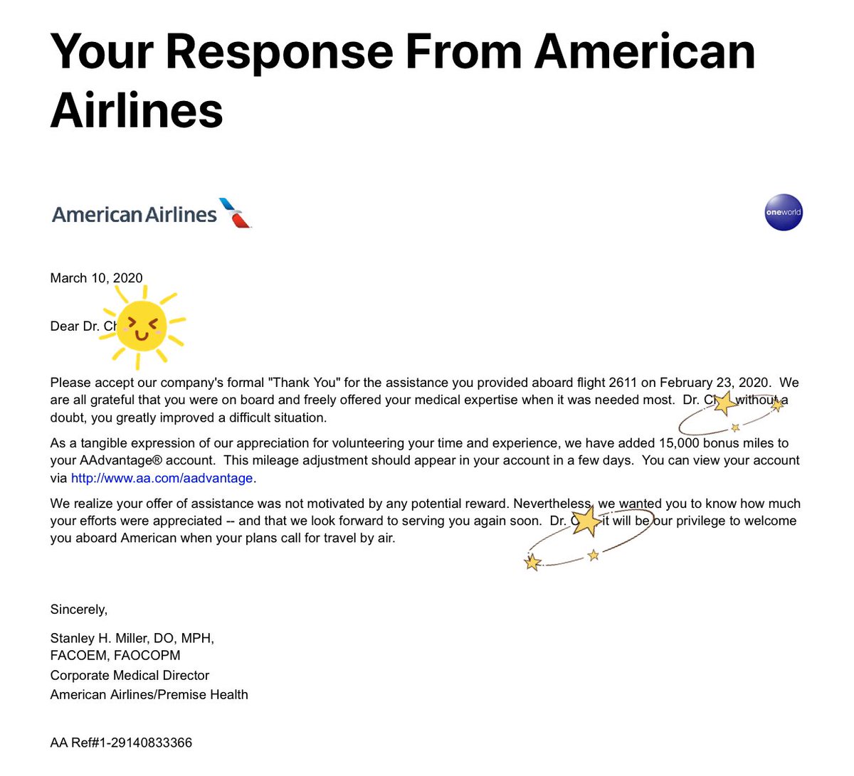 지난달 뉴욕출장후 돌아오는 기내에서
저혈당/탈수증세로 기절한 응급환자를 도왔더니 아메리칸 에어라인에서 감사이멜을 보냈네요...

15,000 마일 보너스 마일도 주시고😊