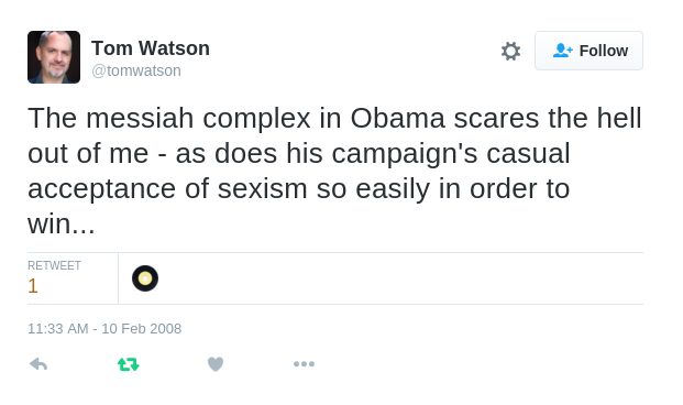 While he had to delete other tweets for being toxic and comparing Sanders to a Nazi, he deleted a tweet he wrote about Obama because it reveals how he has recycled the same smears against Obama in 2008 into smears against Sanders in 2016 & 2020. See, for instance (33/?)