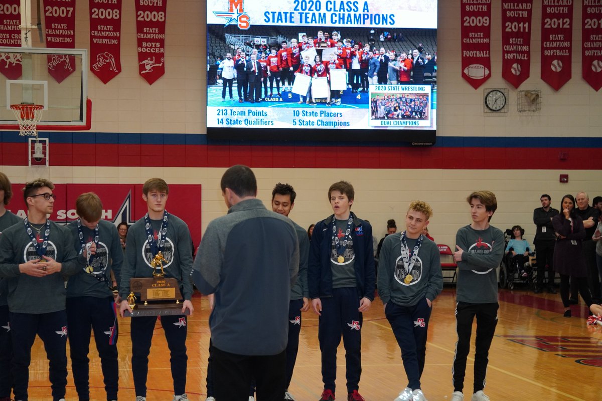 PatriotsWrestle's tweet photo. The wrestling team was honored at the spring pep rally today. We want to thank everyone who has contributed to the success of the team. It has been a great year and we look forward to defending our title next year! https://t.co/OF0oykuO0i
