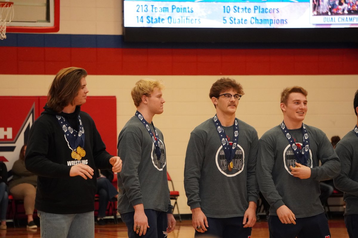 PatriotsWrestle's tweet photo. The wrestling team was honored at the spring pep rally today. We want to thank everyone who has contributed to the success of the team. It has been a great year and we look forward to defending our title next year! https://t.co/OF0oykuO0i