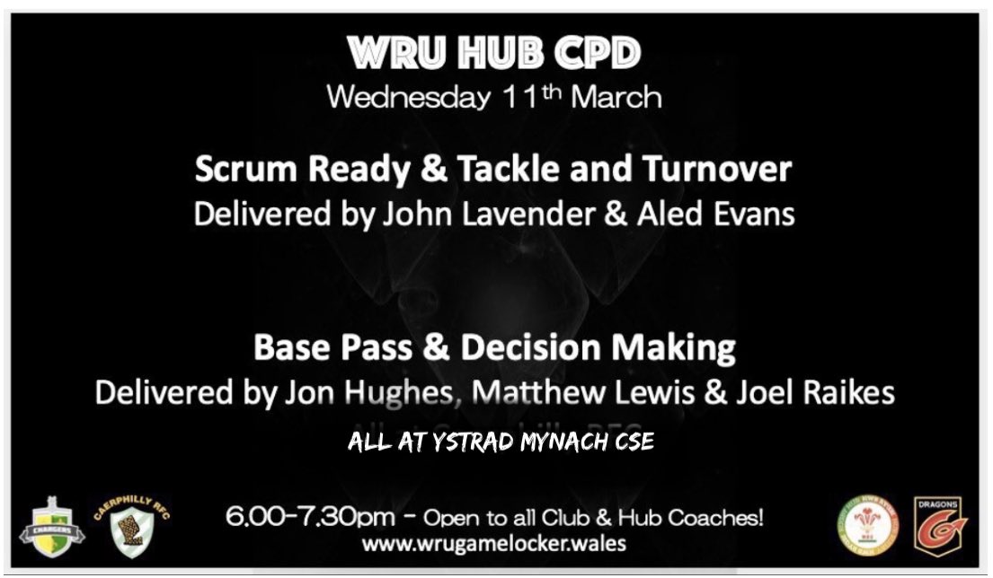 🚨 Change of Venue 🚨

Tomorrow WRU Hub CPD will now he held at <a href="/CSEYstradMynach/">CSE Ystrad Mynach</a> 

6.00-7.30pm - 4 sessions 👇🏼

#Upskilling #CoachDevelopment