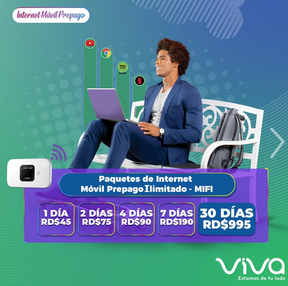 alexandercelrd's tweet photo. Ven por tu modem #MIFIPrepago y llévalo donde quiera que vayas. Aprovecha los paquetes ilimitados desde RD$45 día. ¿Ya seleccionaste el tuyo? 
#AlexanderCel #Repost #InternetMóvilPrepago #MiFiIlimitado 💻 #Viva #EstamosDeTuLado https://t.co/5lB68LiZis