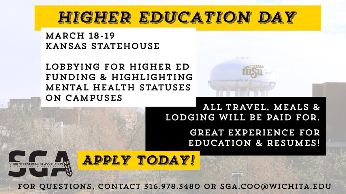 WichitaStateSGA's tweet photo. !!!! Applications for Higher Ed Day closes today at 5!!!! Turn your applications into RSC 219 or email them to SGA.coo@wichita.edu find the application at https://t.co/zNZ7AMv6LN
#WichitaStateSGA https://t.co/NiTkRuaN2Y