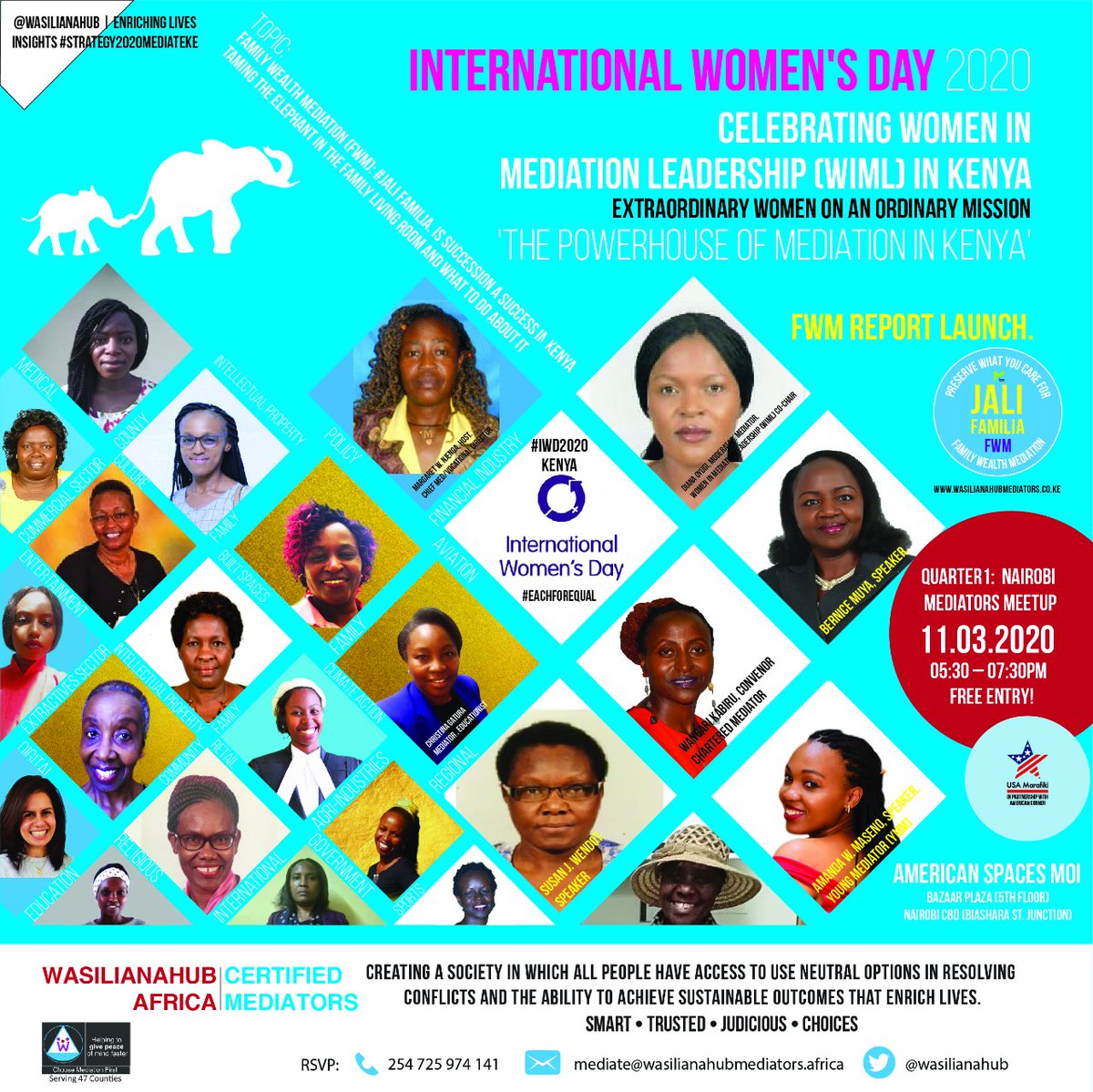WasilianaHub's tweet photo. #mediateKE #Strategy2020
We invite Women Mediators #WIML in #mediation practice in #Kenya &amp; male allies to take part in largest photo shoot with @WasilianaHub
Wed 11, 05:30pm @BazaarPlaza 5th Flr American Spaces Moi, NBO CBD (Biashara St Junction)
#IMediateWildlife #ClimateAction https://t.co/zb4oZVKb1s