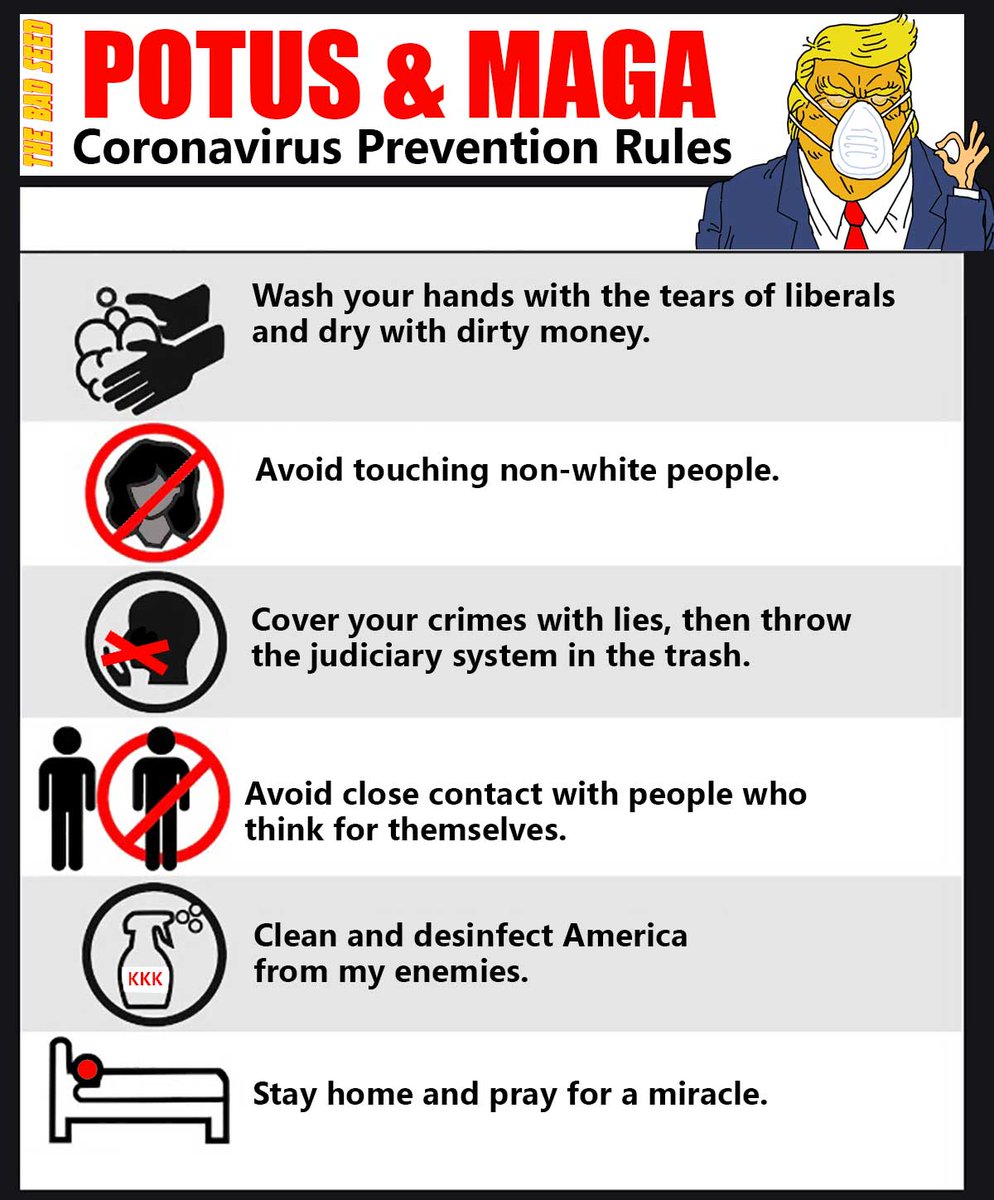 badseedbook's tweet photo. @PalmerReport Trump's new prevention rules against China Virus.
#Coronavirus
#TuesdayThoughts
#TuesdayMood
#CoronaOutbreak
#CPAC2020
#TrumpVirus
#CoronaVirusUpdates
#COVIDー19
#TrumpVirusCoverup
#DumpTrump2020
#NeverTrump https://t.co/QKOeMsp6Sa