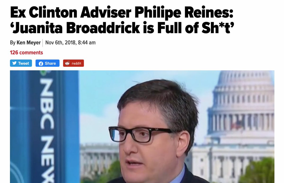 Then there is Philipe Reines, who calls Juanita Broaddrick, whose politics you may hate, but who has credibly accused Bill Clinton of rape for decades now "full of shit." He also lied that Kenneth Starr determined she wasn't credible. He determined her rape allegation (36/?)