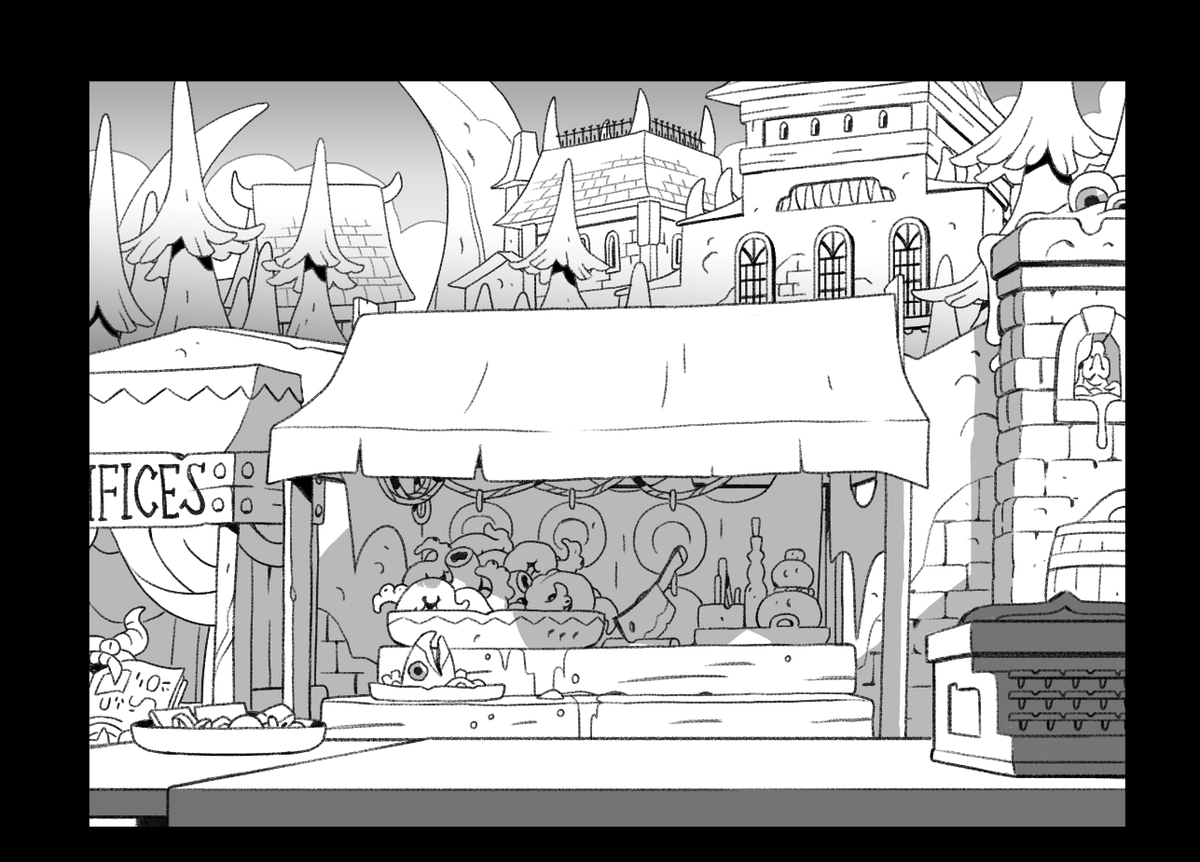 Body Swap!! Really fun episode with lots of new locations! I got to flesh out the area around Eda's stand and the racetrack. Bonesborough has a lot of marketplaces, & making them all different has been a challenge this whole season (& something I hope to do better in the future). 