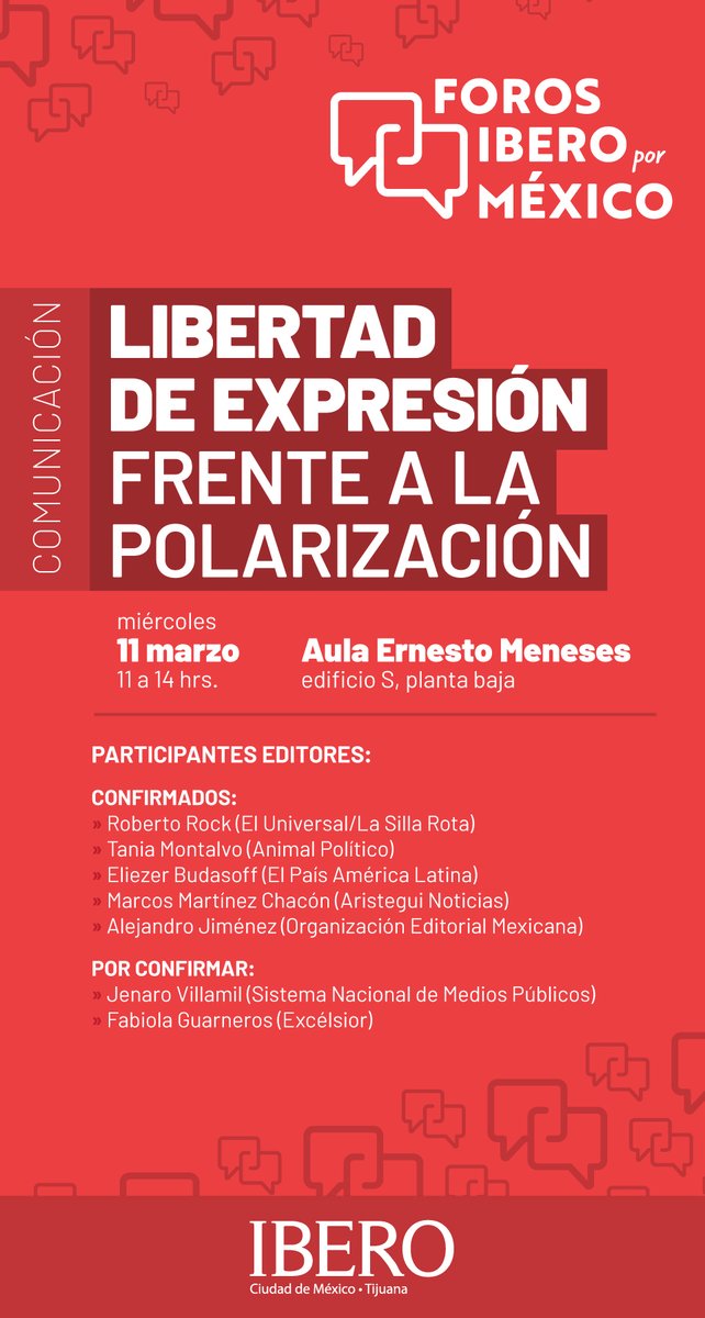 #ForosIBEROporMéxico
¿Estás interesado en temas de libertad de expresión? No te pierdas mañana el foro en el que participarán personalidades de distintos medios de comunicación, como @lasillarota, @Pajaropolitico, @elpais_america, @AristeguiOnline y @OEMenlinea https://t.co/GhaNK9E84X