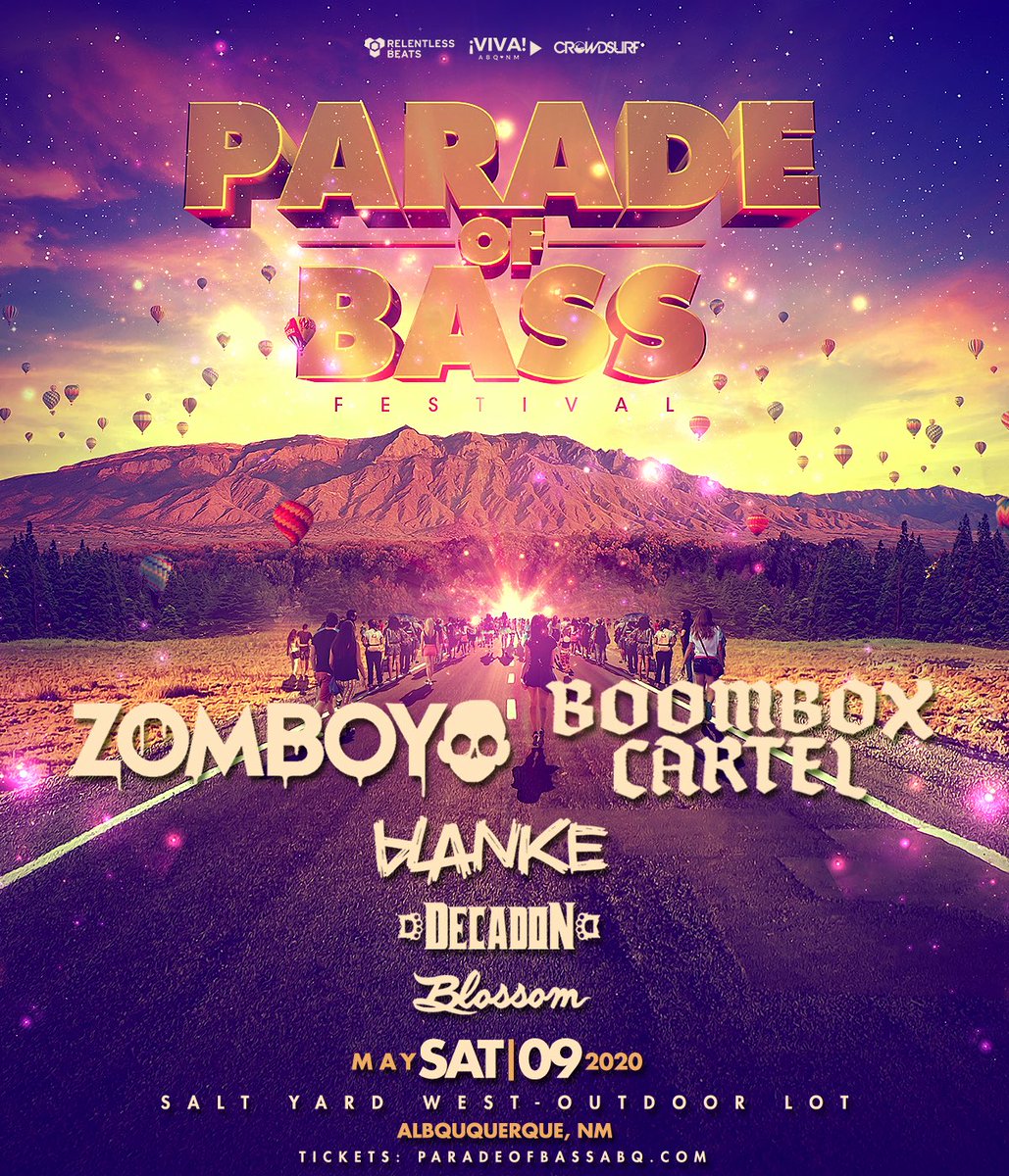 ParadeOfBass's tweet photo. The loudest Spring massive comes roaring back to ABQ on Sat. 5/9! Join us at The Salt Yard - Outdoor Lot for a massive dance party w/ @Zomboy @BoomboxCartel @blankemusic @decadon @blossomdj_ ☀️

TIX on-sale Friday 3/13 at 10AM MT ➙ https://t.co/cgXwvMdMWR https://t.co/Ip093usB2J