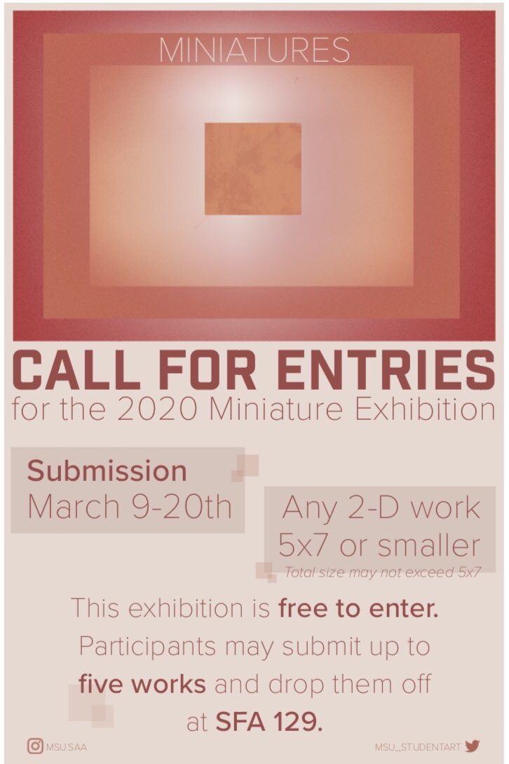 Call For Entries: any hangable 2D work 5x7 or smaller can be submitted until March 20!
.
.
.
#msu #mcneese #geauxpokes #visualarts #miniatures #exhibition