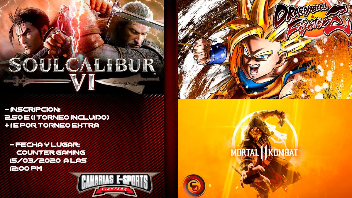 ¿Alguien dijo #fighting?🤔
Apunta el domingo 15 de marzo porque te traemos torneos 🏆  de
#SoulCaliburVI , #DRAGONBALLFIGHTERZ y #MortalKombat11 en @CounterGamingC a las 12.00 horas🕛

Enlace de inscripción: smash.gg/tournament/fig…