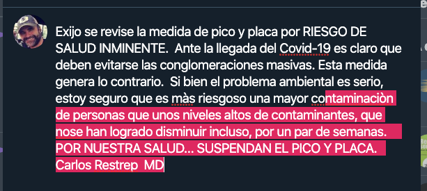 carlosrestrepop's tweet photo. Exijo se revise la medida de pico y placa por RIESGO DE SALUD INMINENTE. https://t.co/ZK8721W3FJ