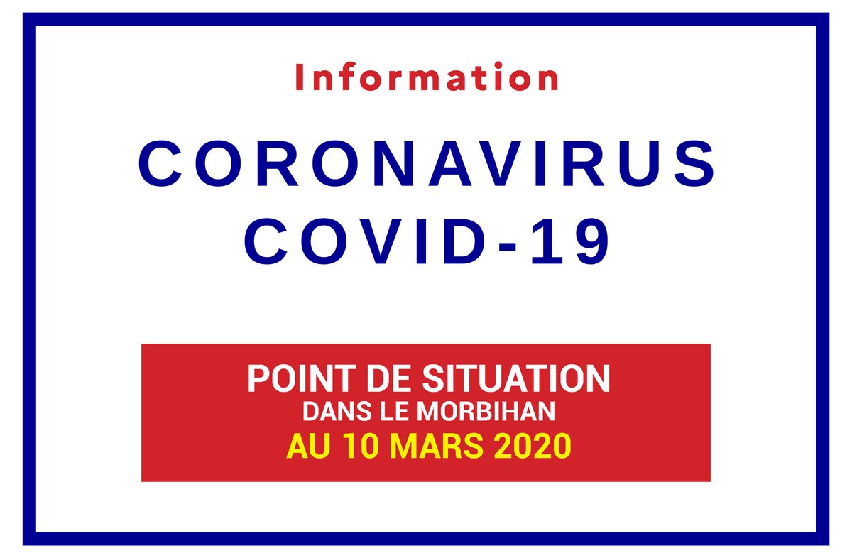 [#CoronavirusFrance – #COVIDー19]
8 nouveaux cas confirmés de Coronavirus ont été relevés ds #Morbihan au point de 18h ce mardi 10 mars
La situation passe donc à 63 cas confirmés
Cluster Auray/Crac'h... (+6), Vannes (+1) et Locmariquer (+1)
morbihan.gouv.fr/Actualites/Esp…