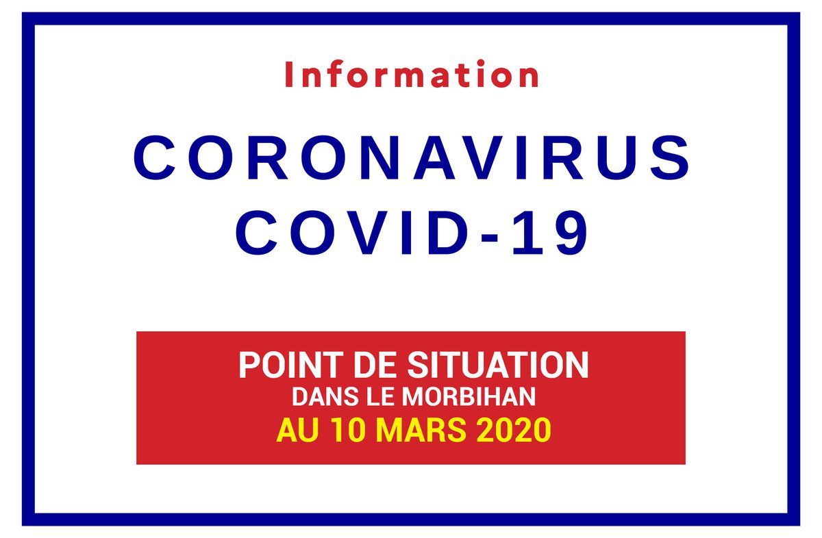 [#CoronavirusFrance – #COVIDー19] 8 nouveaux cas confirmés de Coronavirus ont été relevés ds #Morbihan au point de 18h ce mardi 10 mars La situation passe donc à 63 cas confirmés Cluster Auray/Crac'h... (+6), Vannes (+1) et Locmariquer (+1) morbihan.gouv.fr/Actualites/Esp…